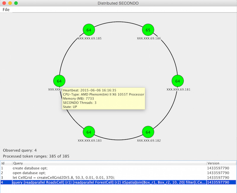 The Distributed SECONDO GUI, showing query processing node state and live query progress