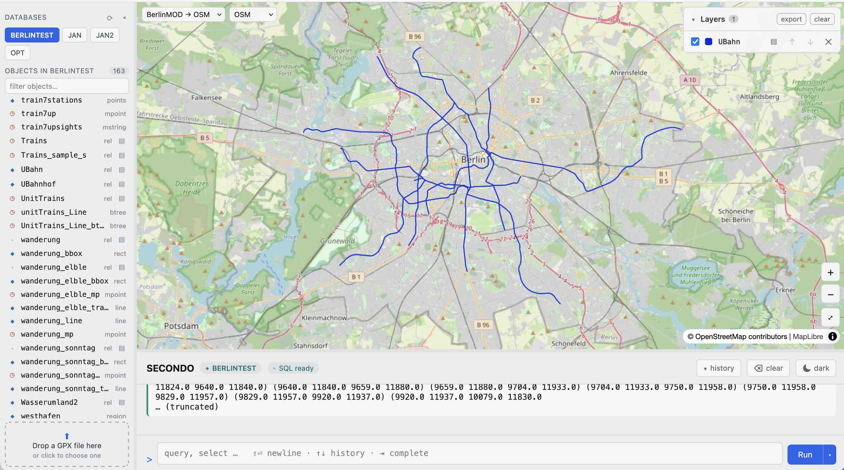 The Berlin underground network overlaid on an OpenStreetMap background