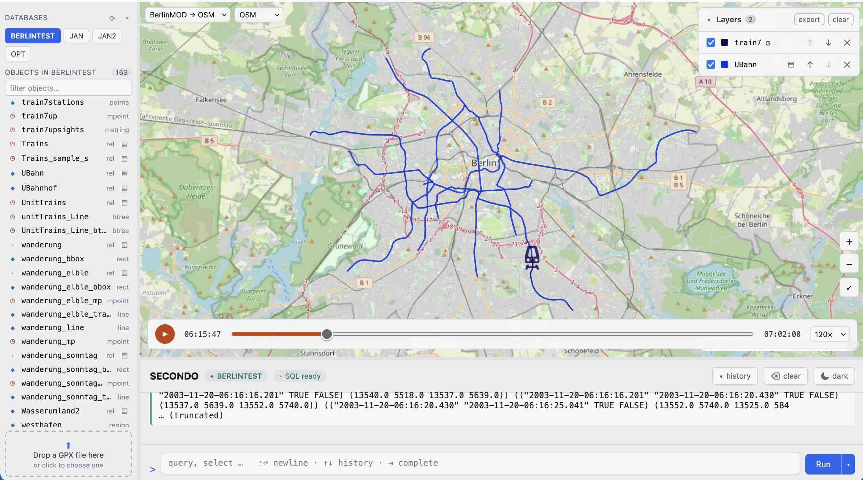 Train7 shown as a moving point on the map, mid-animation along its route