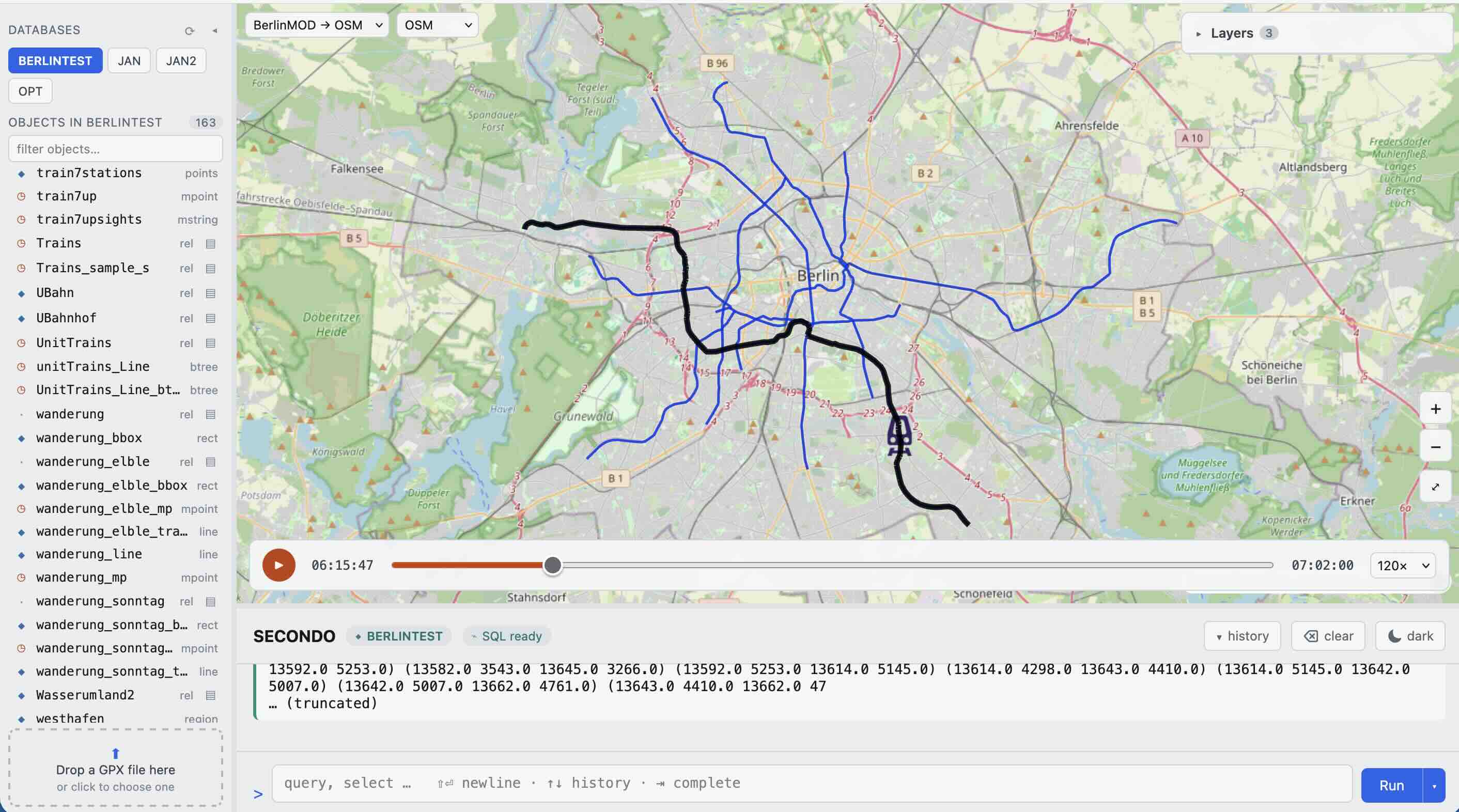 The full trajectory of train7 drawn as a line on the map